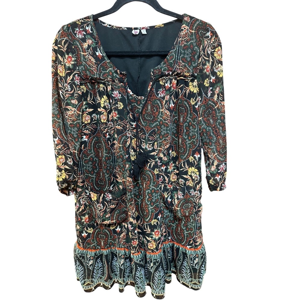 Aqua Women Paisley Floral Mini Dress Black Multi Boho Tassel Tie 3/4 Sleeve M